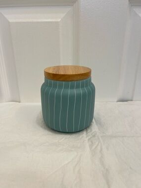 Anthropologie Teal Striped Ceramic Canister Jar w/ Wood Lid NWOT